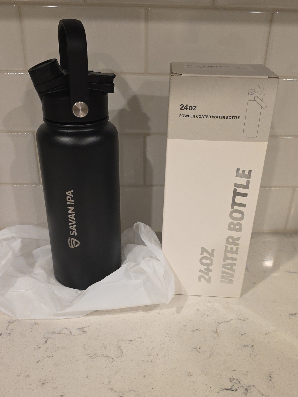 Black 24oz Stainless Steel Savan IPA Powder Coated Water Bottle.